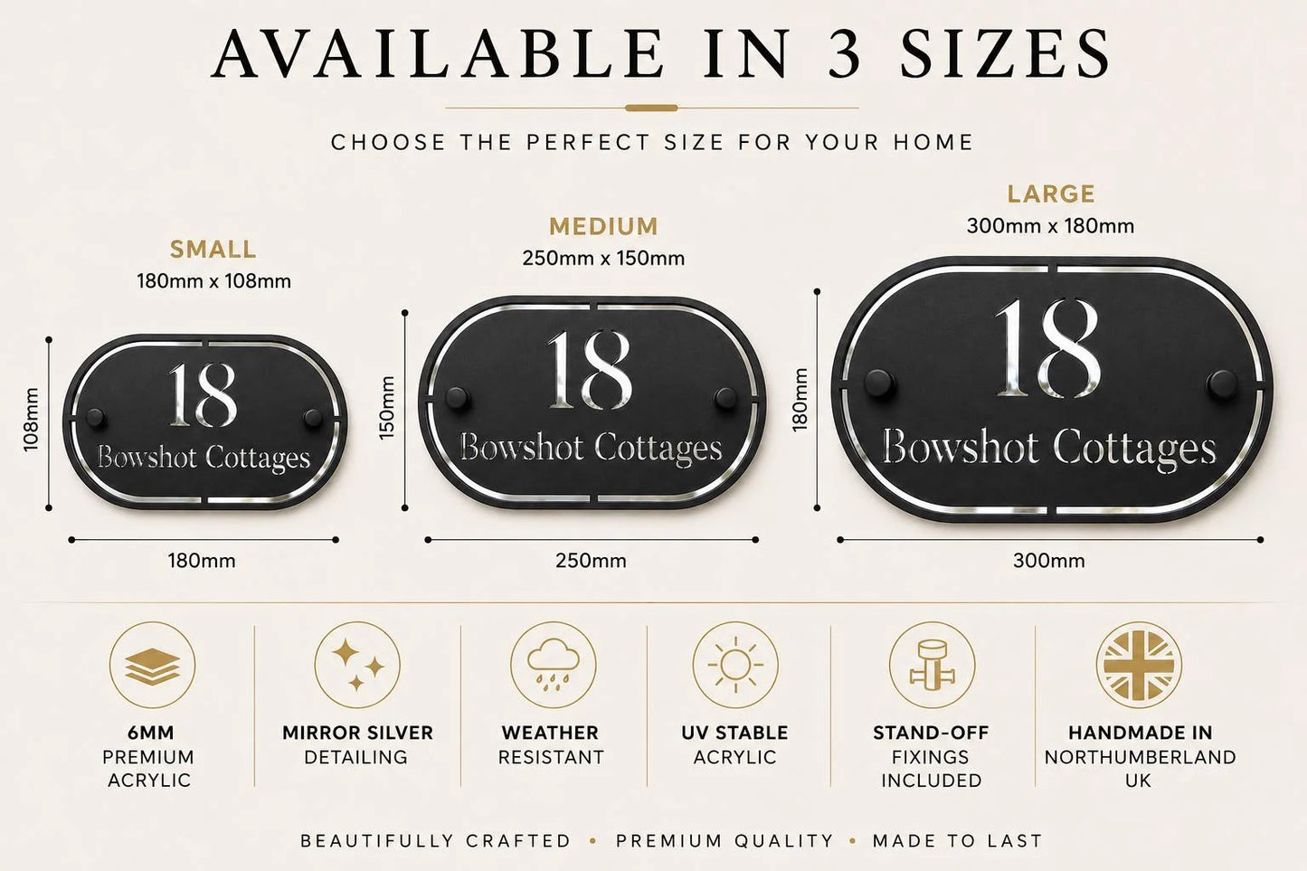 Personalised black oval acrylic house sign shown in small, medium and large sizes