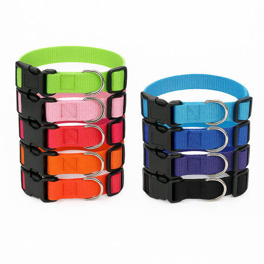 Adjustable Nylon Dog Collar – Soft, Durable & Waterproof with Quick-Release Buckle and Metal D-Ring (Multiple Sizes & Colours)