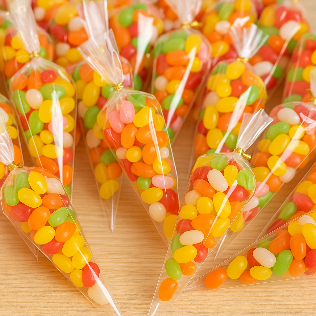 100 x Large Clear Cellophane Cone Bags with Gold Twist Ties – Party Favour Gift Bags for Kids, Weddings, Candy & Sweets (25/30/37cm Sizes)