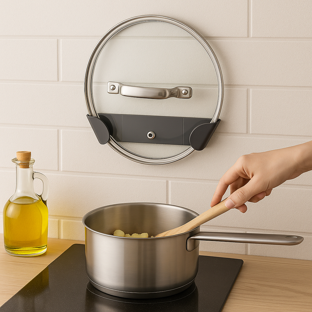 8PCS Wall-Mounted Pot Lid Holder Set – No-Drill Adjustable Kitchen Rack Organizer for Cabinet or Wall Storage