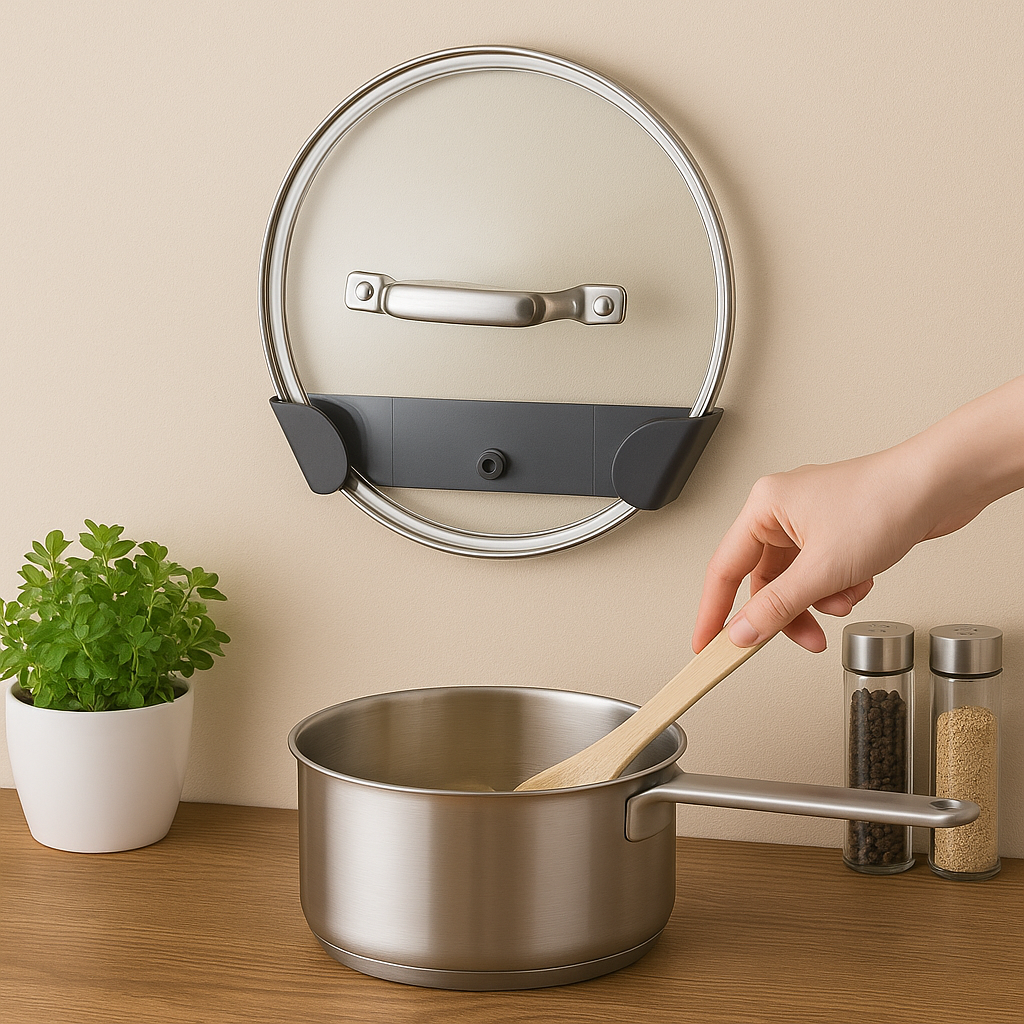 8PCS Wall-Mounted Pot Lid Holder Set – No-Drill Adjustable Kitchen Rack Organizer for Cabinet or Wall Storage