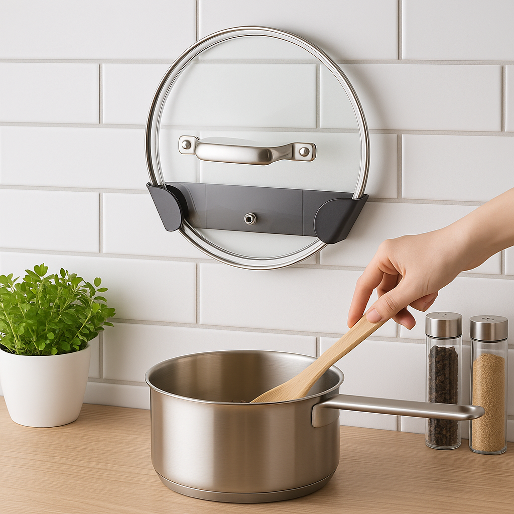 8PCS Wall-Mounted Pot Lid Holder Set – No-Drill Adjustable Kitchen Rack Organizer for Cabinet or Wall Storage