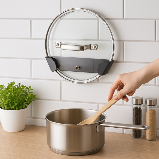 8PCS Wall-Mounted Pot Lid Holder Set – No-Drill Adjustable Kitchen Rack Organizer for Cabinet or Wall Storage