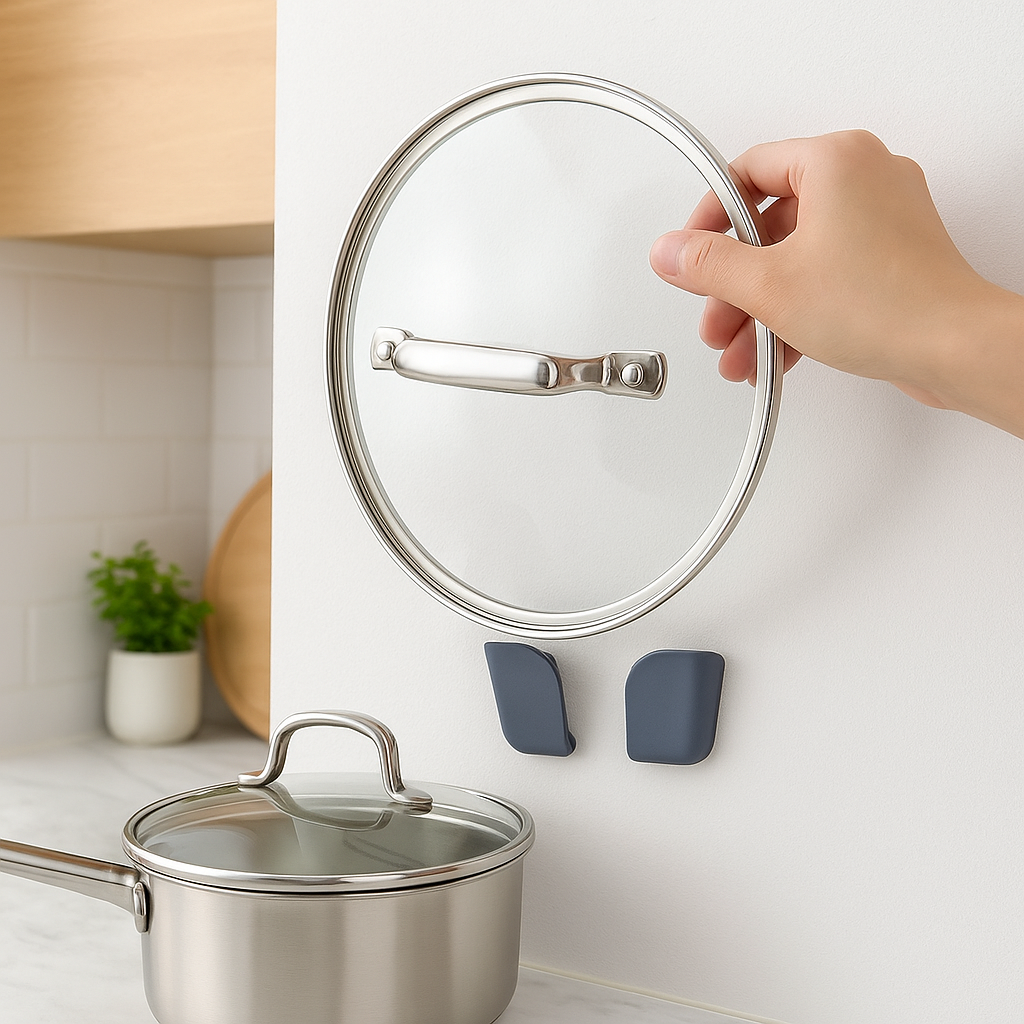 8PCS Wall-Mounted Pot Lid Holder Set – No-Drill Adjustable Kitchen Rack Organizer for Cabinet or Wall Storage