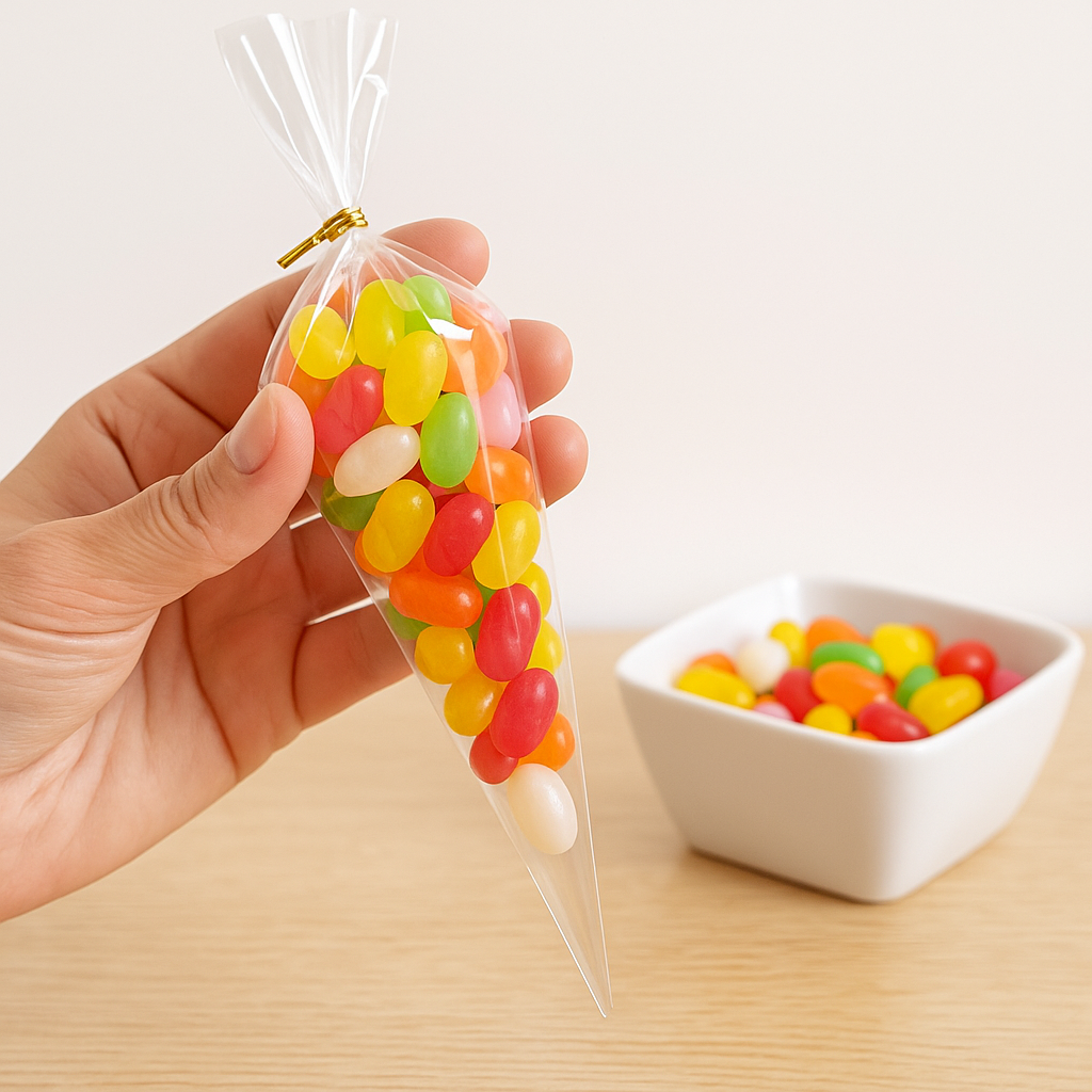 100 x Large Clear Cellophane Cone Bags with Gold Twist Ties – Party Favour Gift Bags for Kids, Weddings, Candy & Sweets (25/30/37cm Sizes)