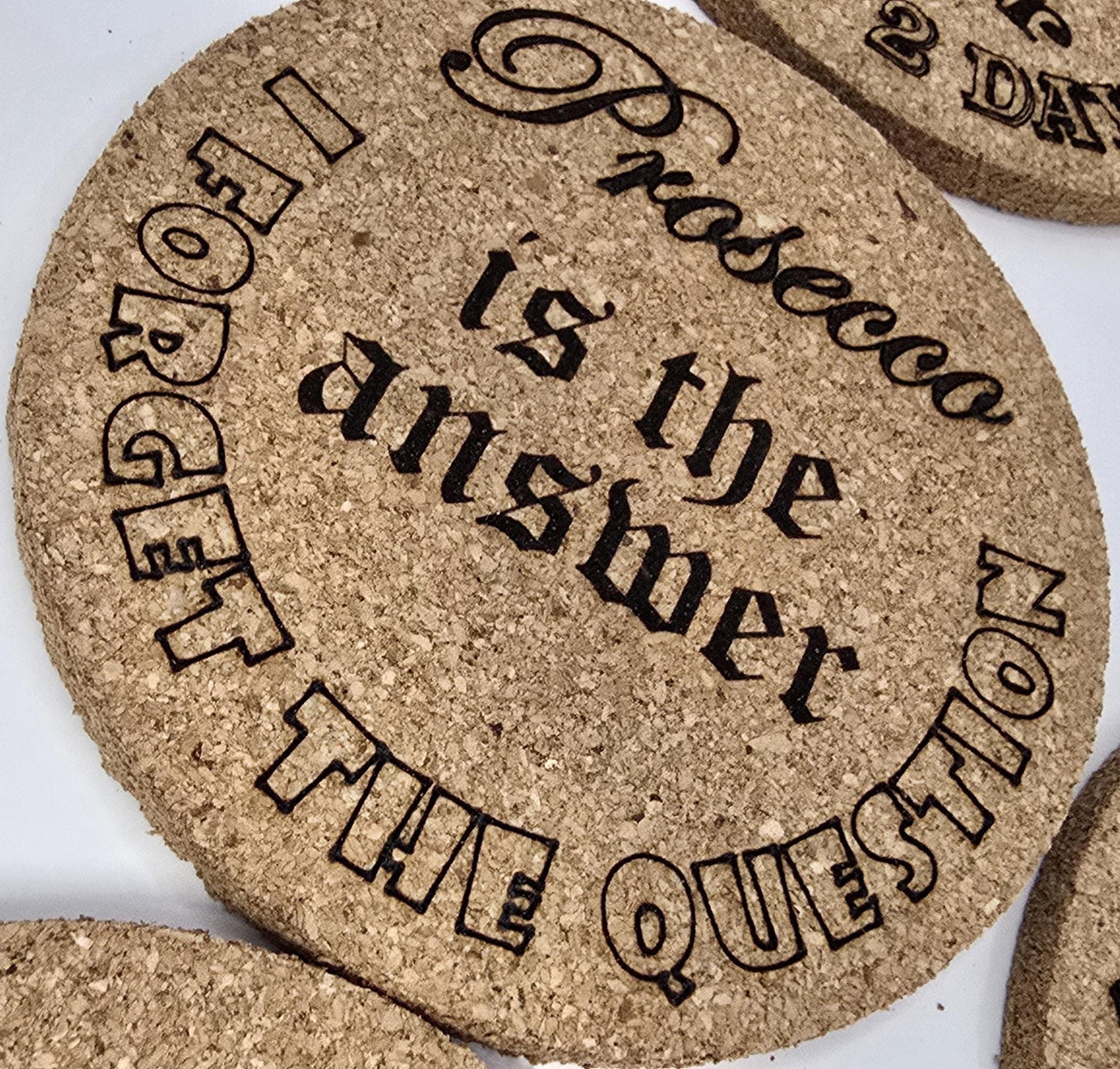 Funny Drinks Coaster sets (6 pack) - Prosecco Lovers, Slate Cork Oak finish Laser Crafted UK