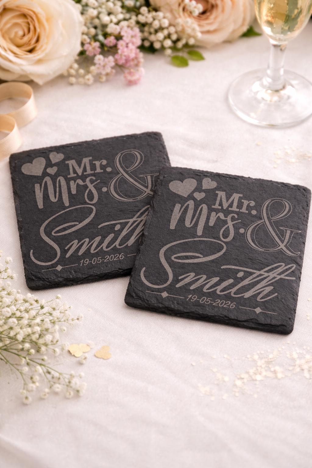 Personalised Wedding Coasters, Engraved Slate Coasters, Custom Mr & Mrs Gift, Wedding Gift Idea, Anniversary Gift, Couples Gift UK