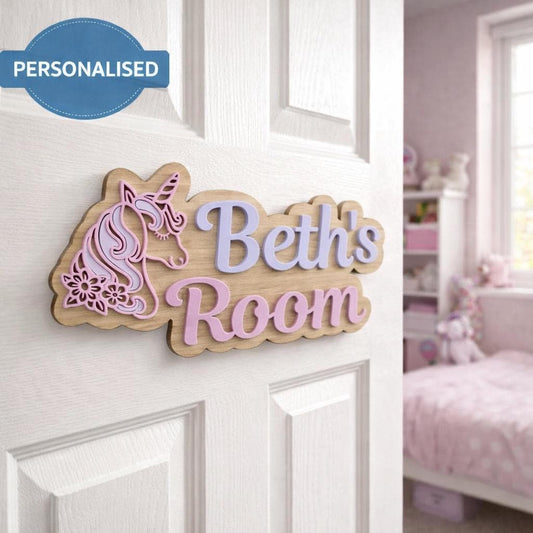Personalised Unicorn Name Sign | Layered Wood Acrylic Girls Bedroom Plaque UK