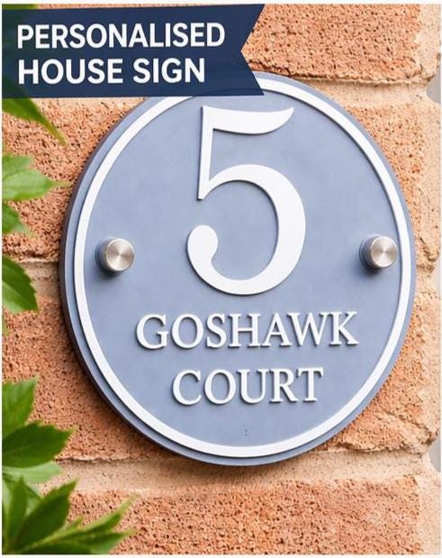Dusky Blue Personalised House Sign | Round Acrylic Door Number Plaque | 3D Raised Matt White Lettering | Modern Address Sign UK