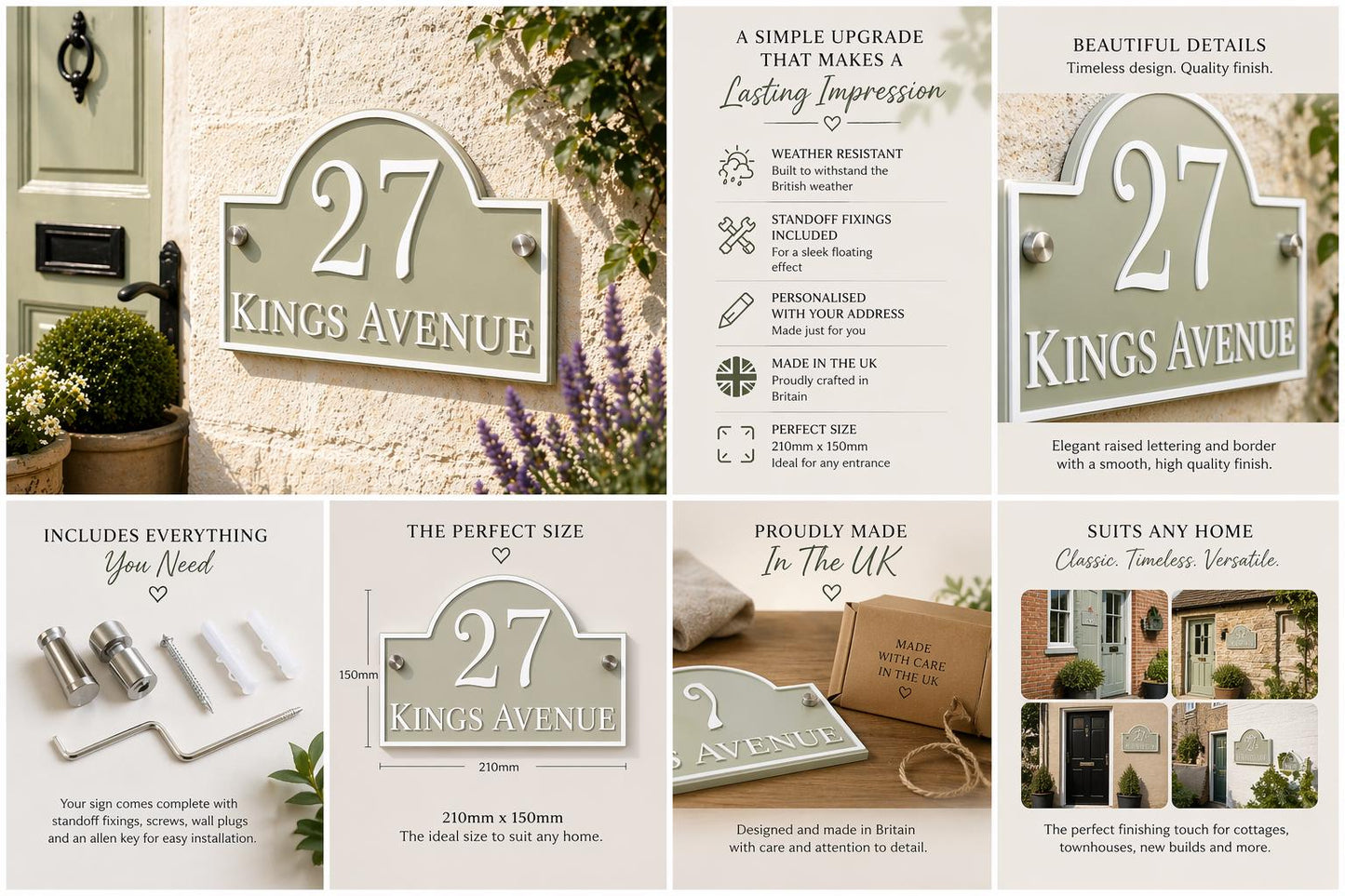 Sage Green House Sign Personalised Address Plaque Door Number Sign UK Standoff Fixings