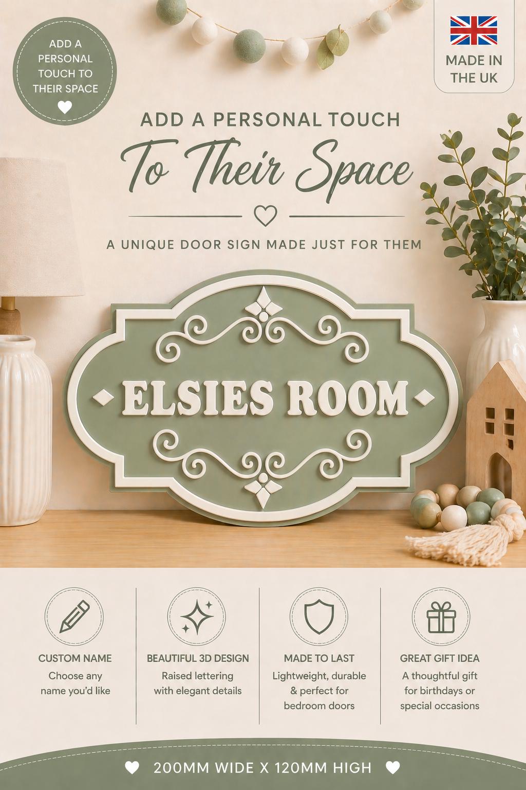 Personalised Sage Green Door Name Sign | Kids Bedroom Decor | Custom Nursery Plaque | 3D Acrylic Name Sign | Baby Gift UK | Door Plaque