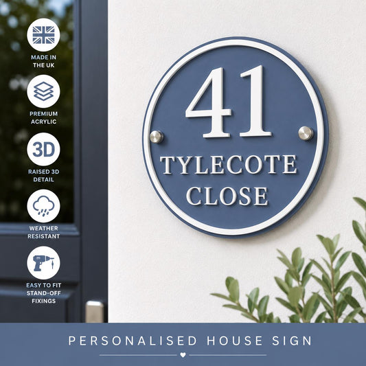 Personalised Round House Sign | Denim Blue & White Acrylic House Number Sign | Modern Address Plaque | 3D Door Number Sign UK