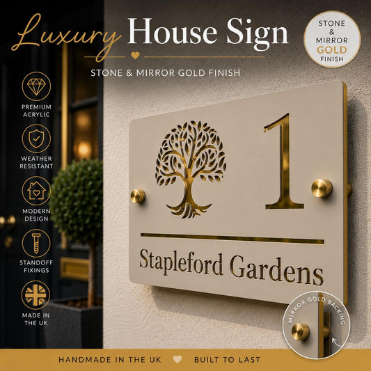 House Sign UK Personalised Address Plaque Door Number Sign Stone Mirror Gold Acrylic