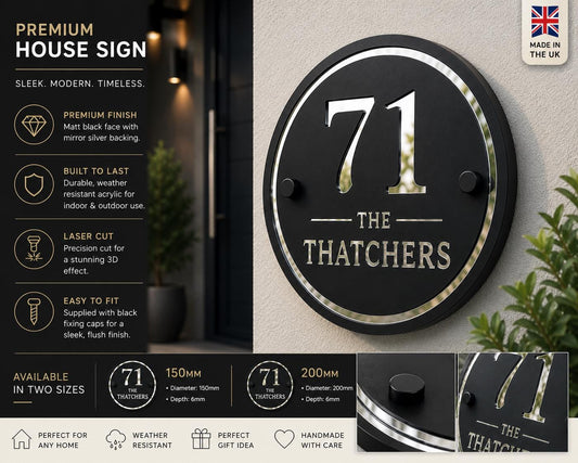 House Sign Personalised Matt Black & Mirror Silver | Modern Acrylic Door Number Plaque | Round House Sign | Contemporary Address Sign UK