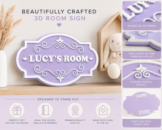 Personalised Lilac Room Sign | 3D Acrylic Name Plaque | Kids Bedroom Door Sign | Matt Lilac & White Nursery Name Sign | Custom Wall Decor