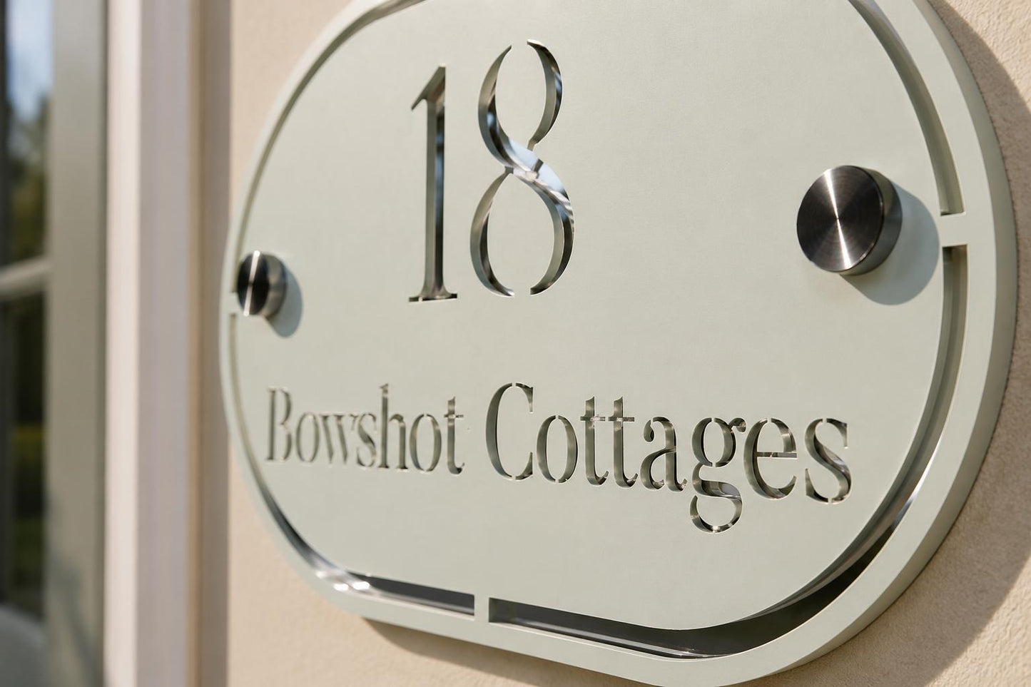 Sage Green House Sign Personalised Address Plaque Mirror Silver Door Number Sign Oval House Name Sign UK Standoff Fixings