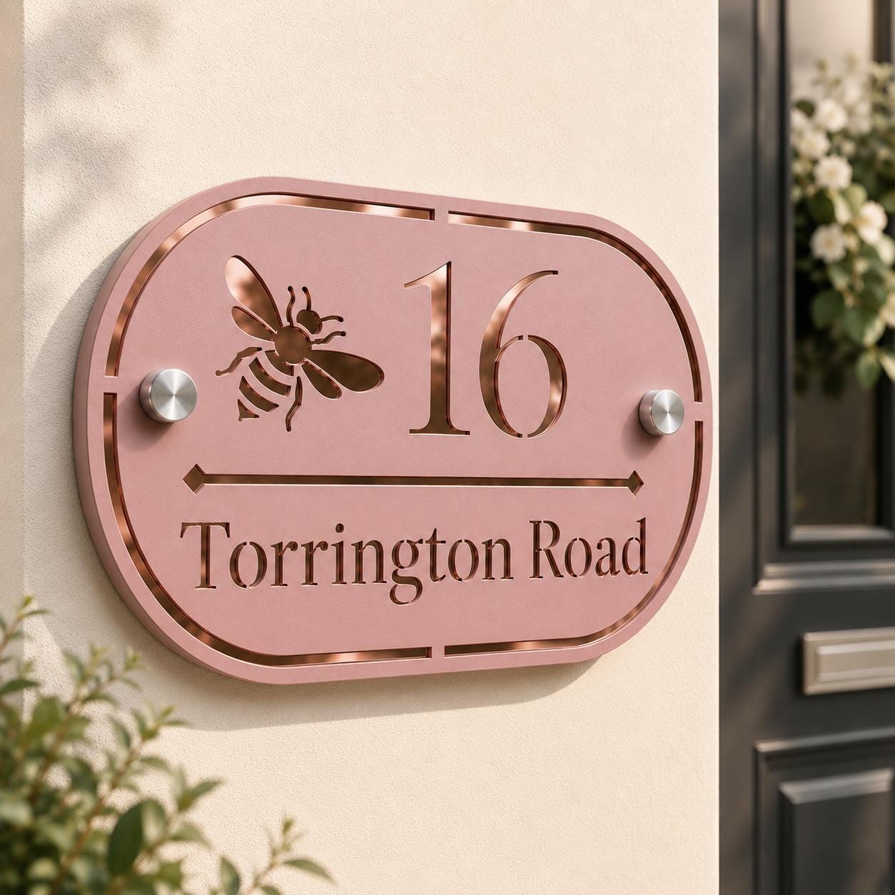 Dusky Pink House Sign Personalised Address Plaque Rose Gold Mirror House Number Sign UK Standoff Fixings