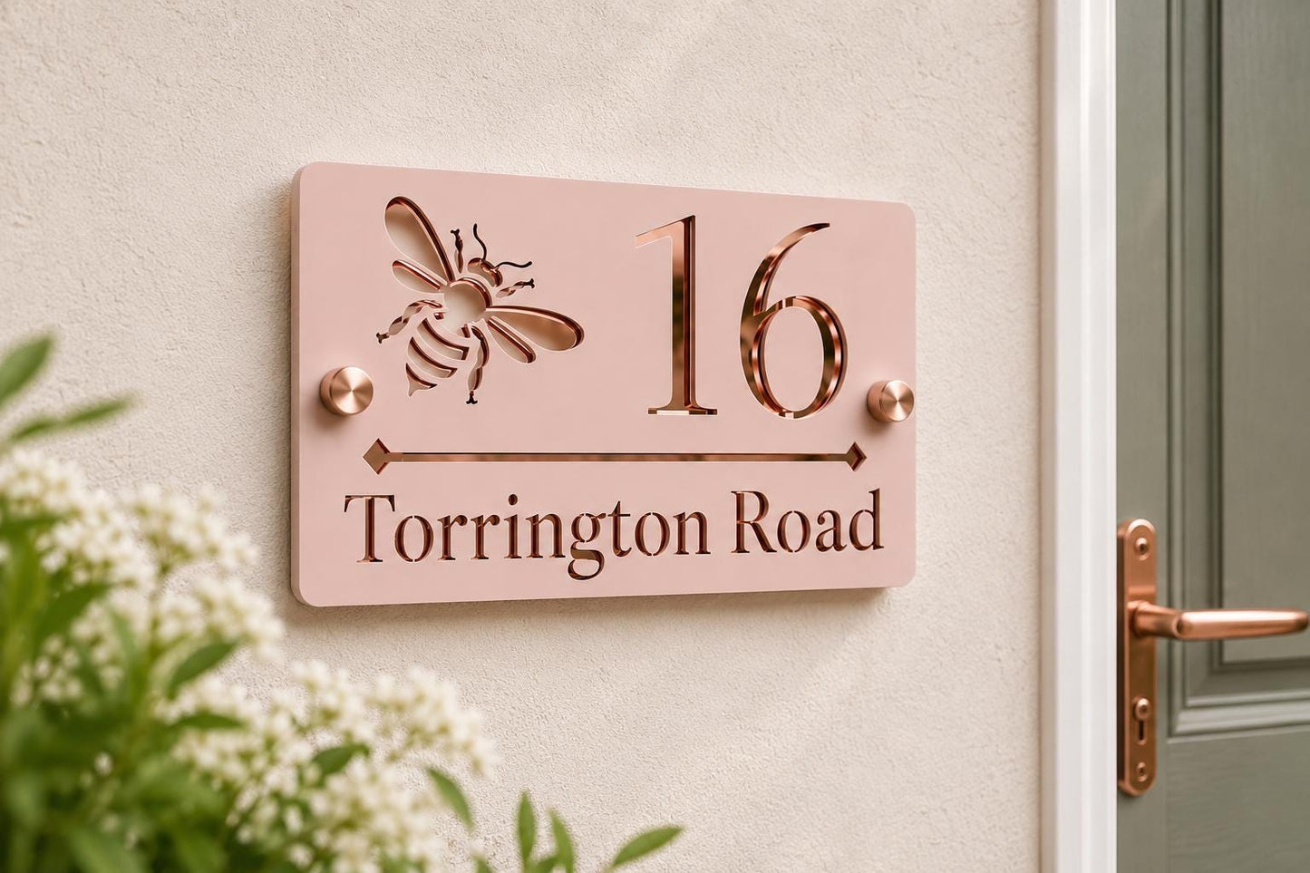 Bee House Sign Rose Petal Pink & Rose Gold Mirror | Personalised Address Plaque | Modern Door Number Sign | Acrylic House Sign UK