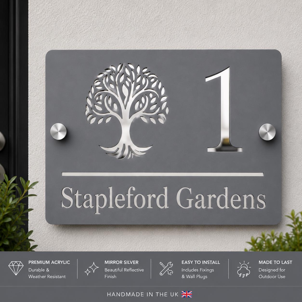 Personalised House Sign UK | Mineral Grey & Mirror Silver Acrylic House Number Sign | Modern Address Plaque | Outdoor Door Sign