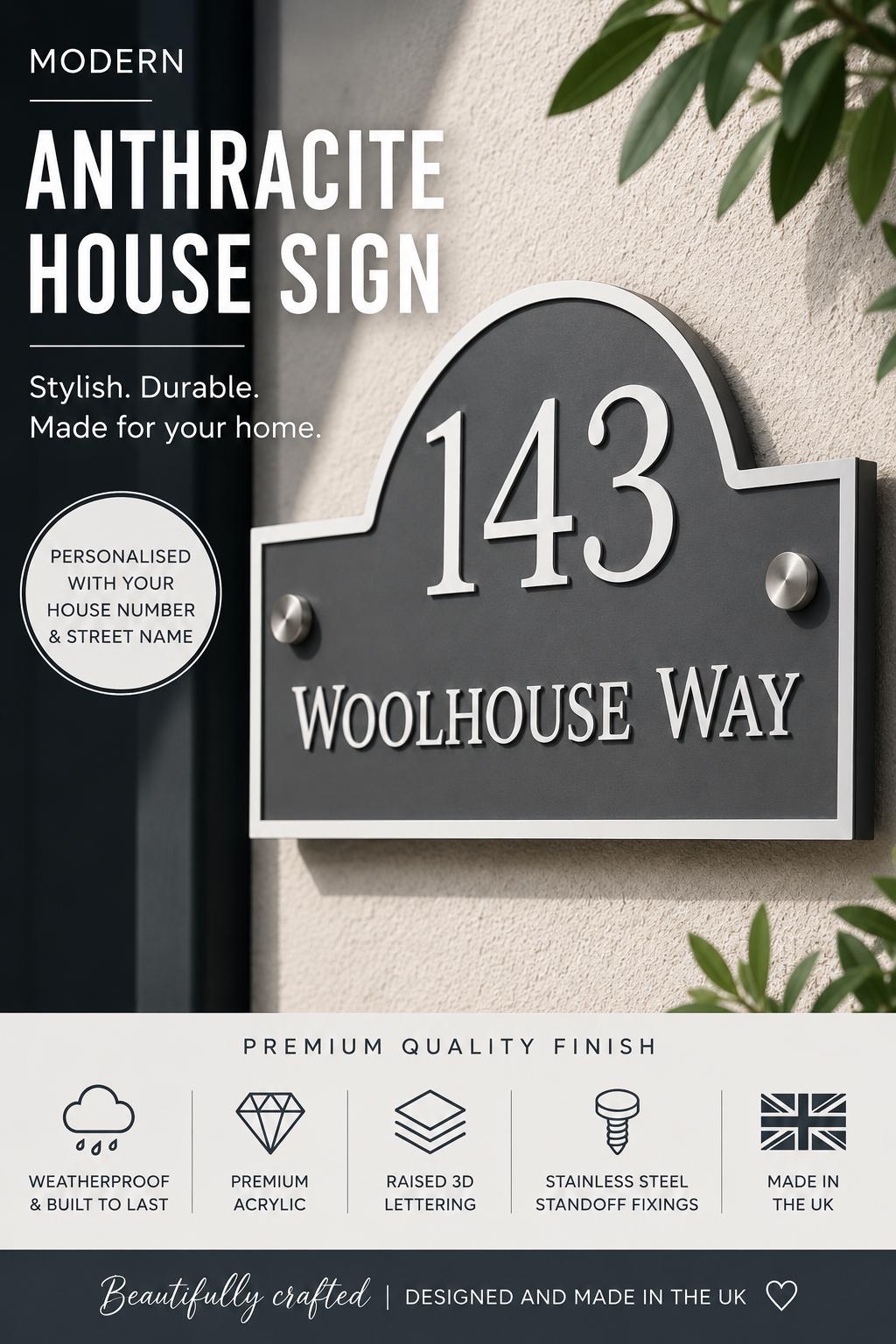 Mineral Grey House Sign Personalised Address Plaque Door Number Sign UK Acrylic Standoff Fixings