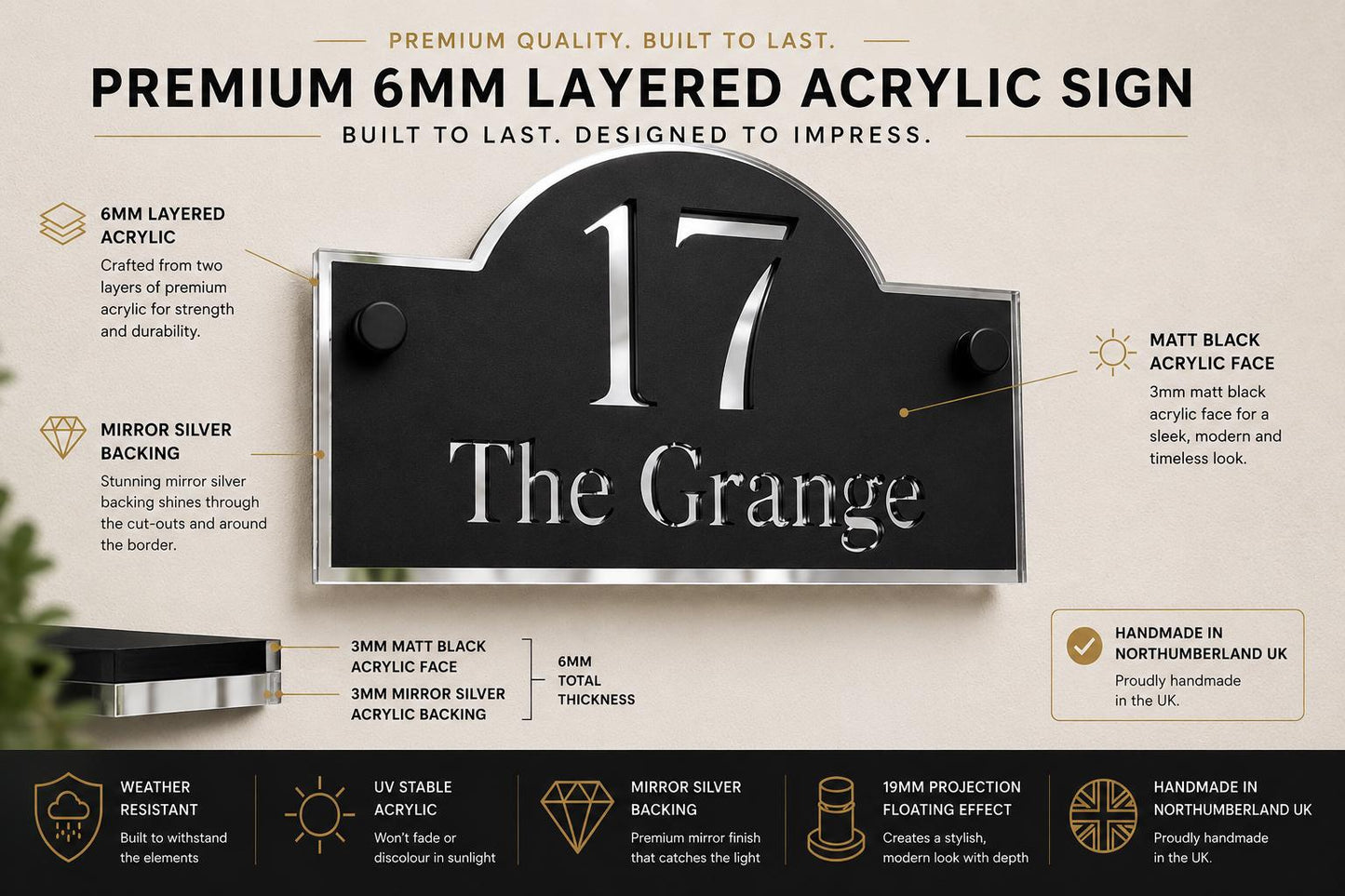 Matt Black & Mirror Silver House Sign Personalised Address Plaque Modern Door Number Sign Outdoor Acrylic House Sign UK