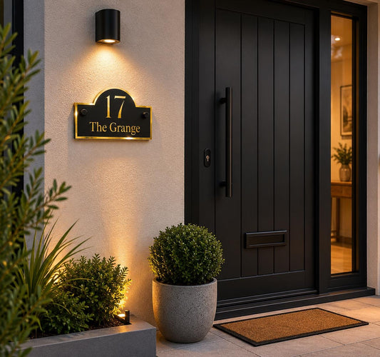Personalised House Sign Matt Black & Mirror Gold Address Plaque Modern Door Number Sign Acrylic House Number Outdoor Sign UK
