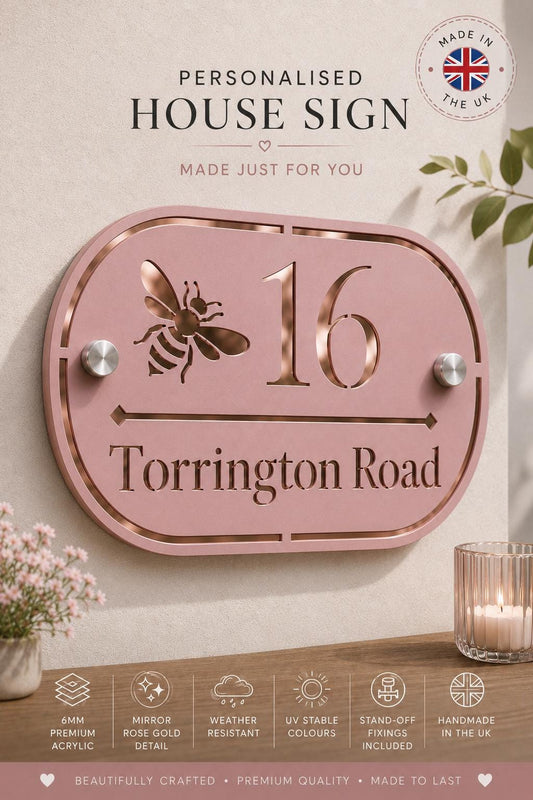 Dusky Pink House Sign Personalised Address Plaque Rose Gold Mirror House Number Sign UK Standoff Fixings