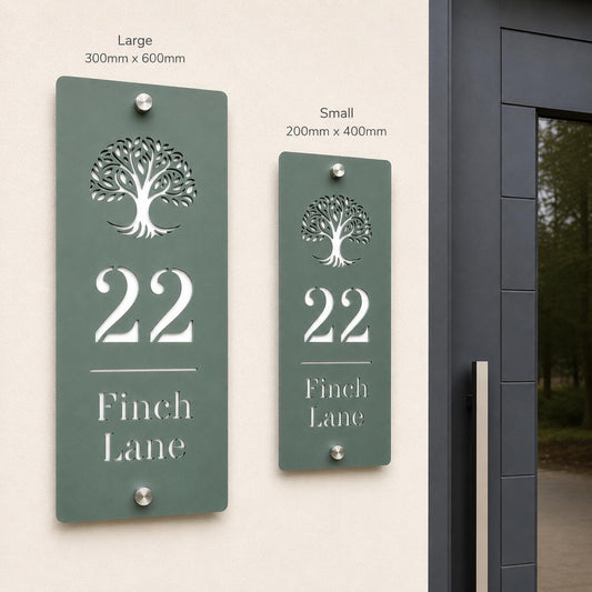Slim Vertical House Sign Pine Green & White | Personalised House Number Sign | Modern Address Plaque | Outdoor Acrylic Door Sign UK