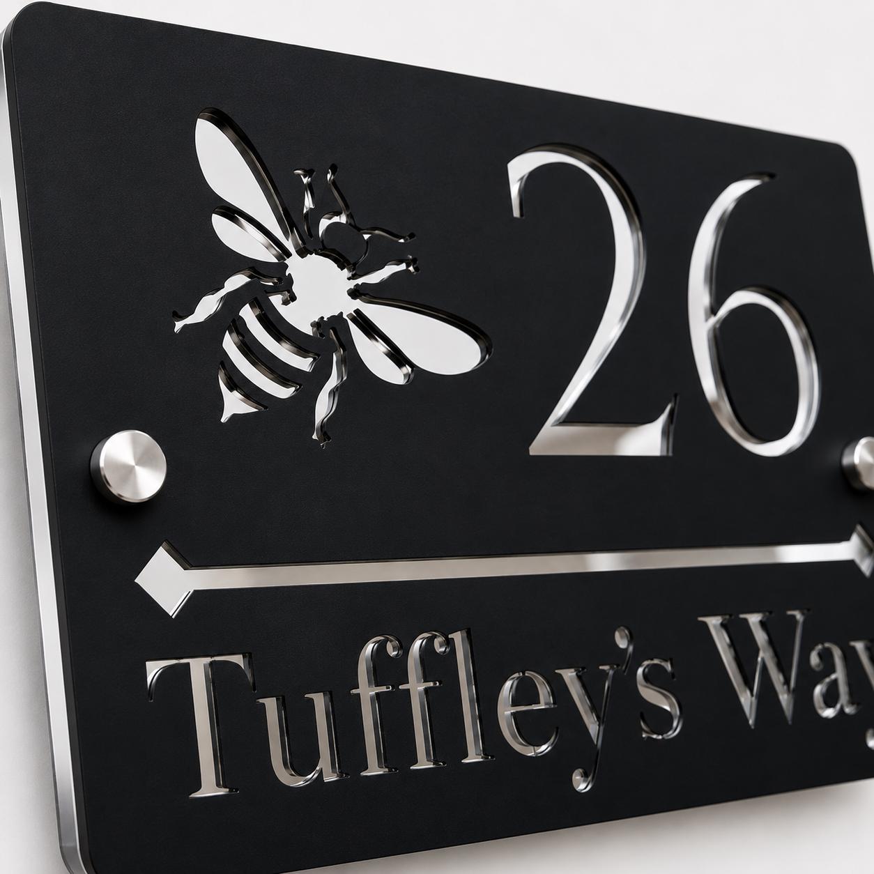 Personalised House Sign UK | Black & Mirror Silver Door Number Sign | Bee Address Plaque | Modern Acrylic House Number Sign | 210 x 150mm