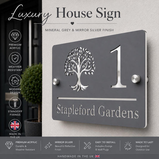 Personalised House Sign UK | Mineral Grey & Mirror Silver Acrylic House Number Sign | Modern Address Plaque | Outdoor Door Sign
