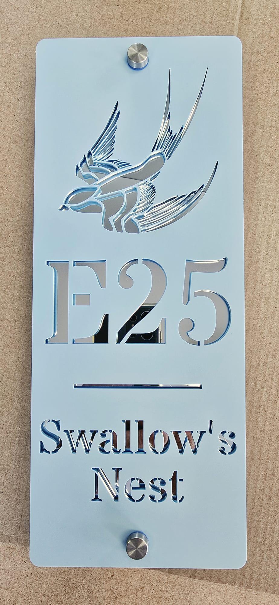 Personalised Static Caravan Sign | Pale Blue Acrylic Plot Number Plaque | Swallow Caravan Sign | Holiday Home Sign