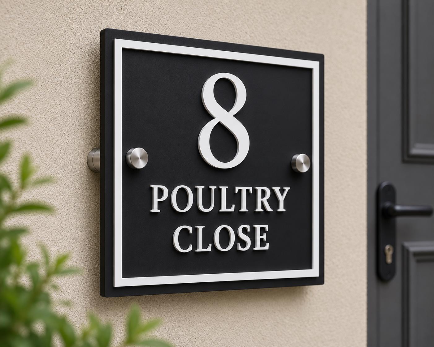 Personalised Black House Sign, Square Acrylic Address Plaque with Raised White Lettering