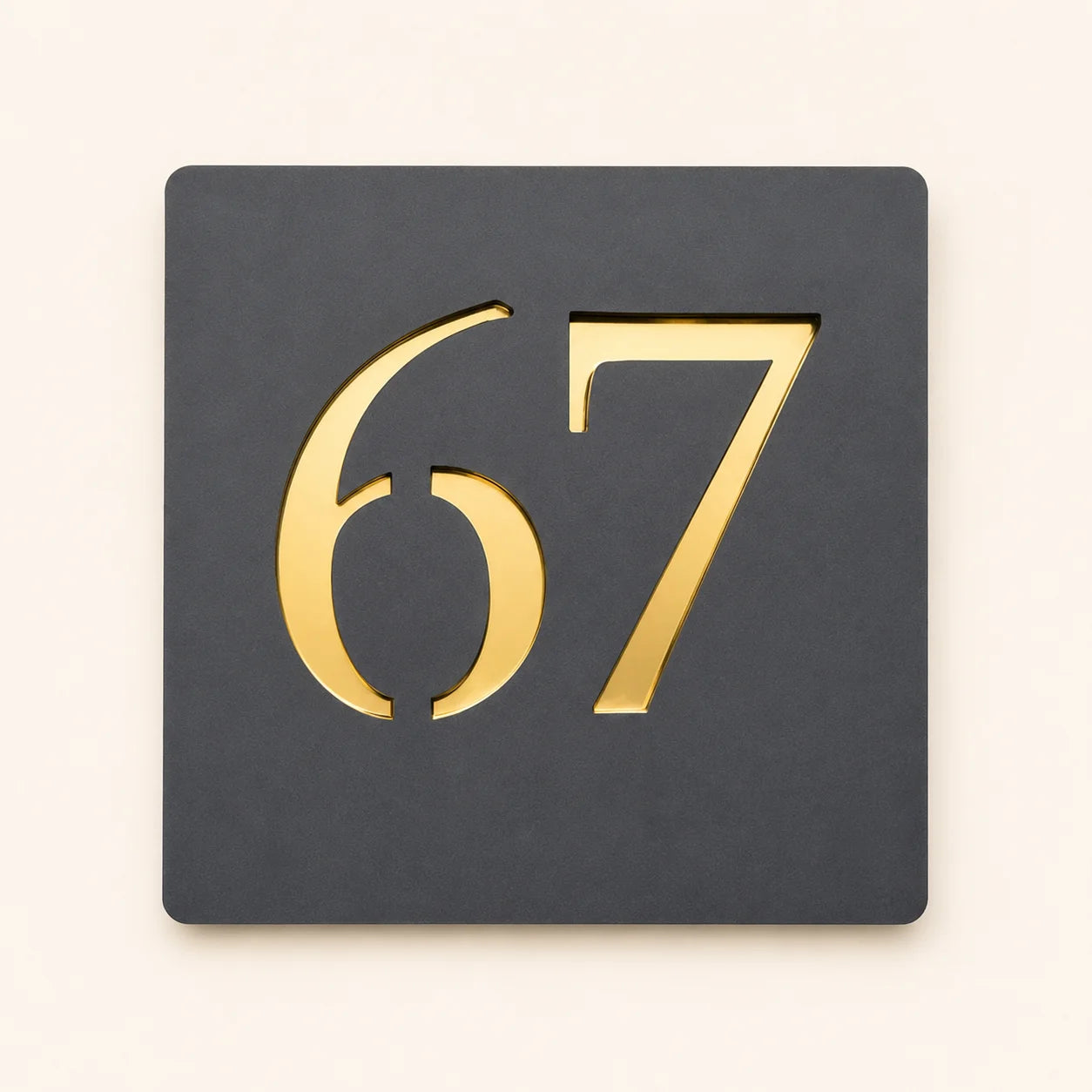 Modern anthracite grey square acrylic house number sign featuring raised gold mirror house number 67, personalised for contemporary UK homes.