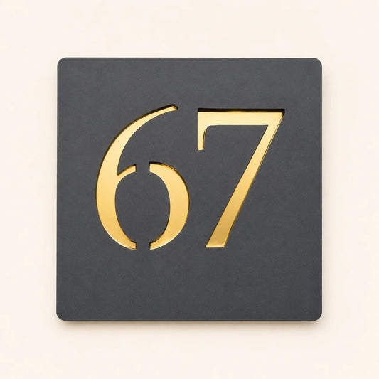 Modern anthracite grey square acrylic house number sign featuring raised gold mirror house number 67, personalised for contemporary UK homes.