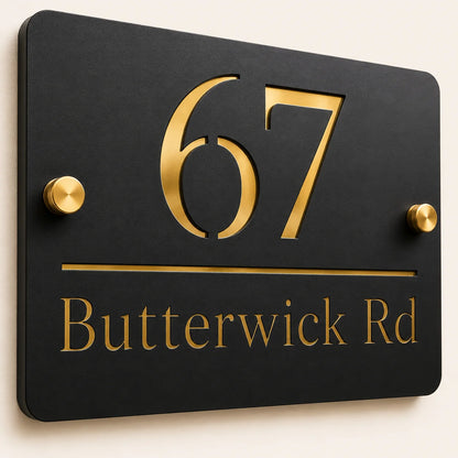 Close-up angled view of personalised black rectangular acrylic house sign with mirror gold number and lettering