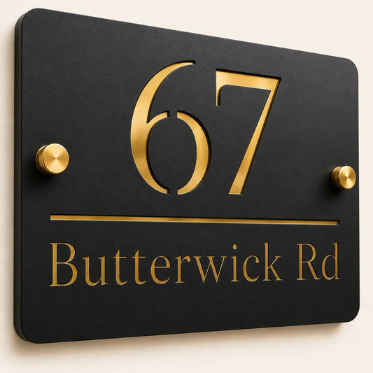 Close-up angled view of personalised black rectangular acrylic house sign with mirror gold number and lettering
