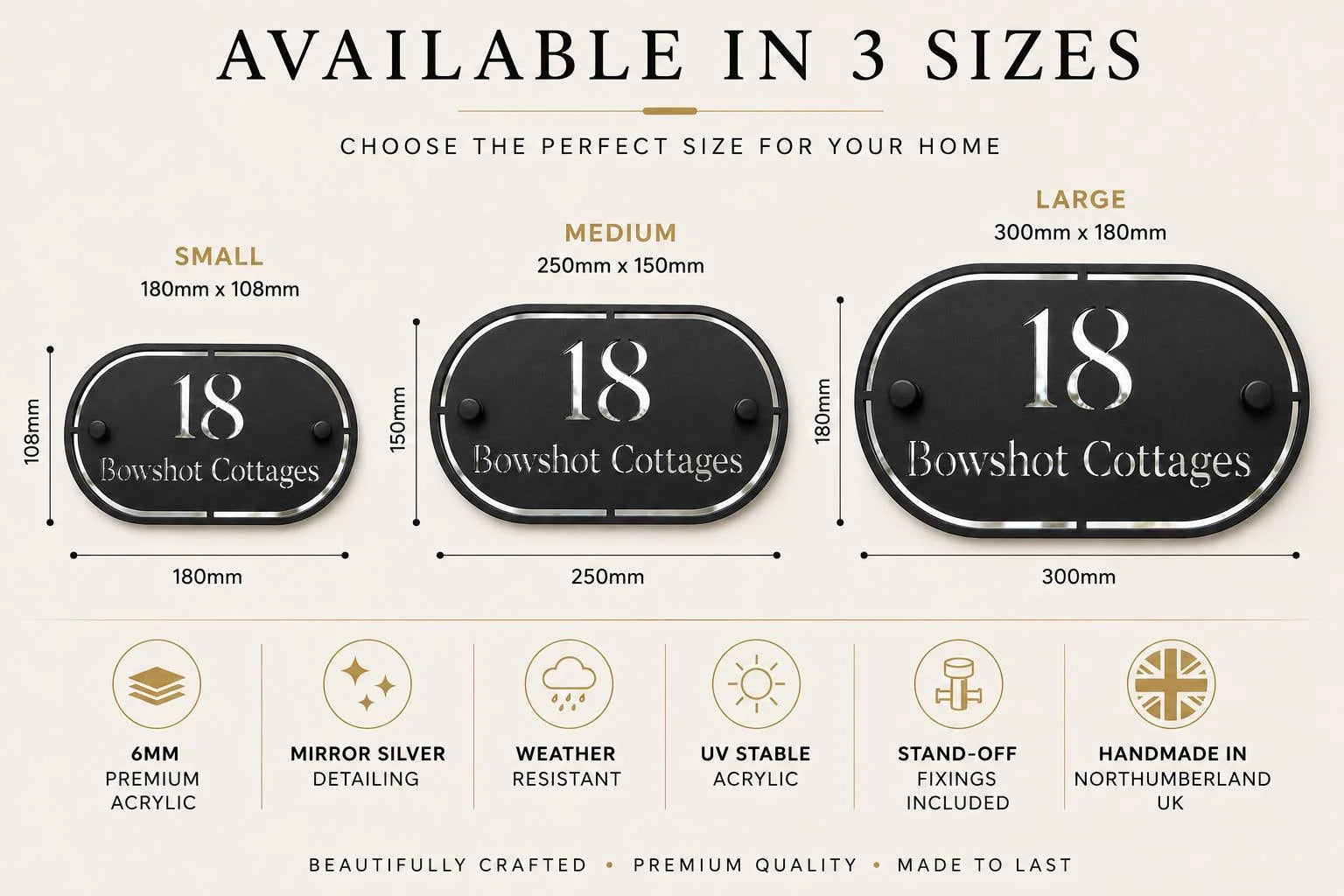 Personalised black oval acrylic house sign shown in small, medium and large sizes