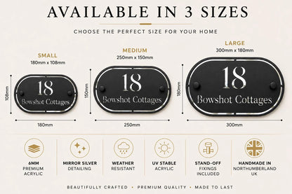 Personalised black oval acrylic house sign shown in small, medium and large sizes