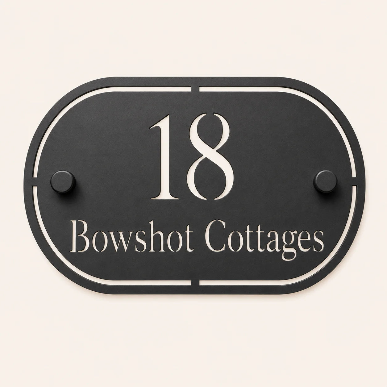 Personalised black oval acrylic house sign with mirror silver house number and house name