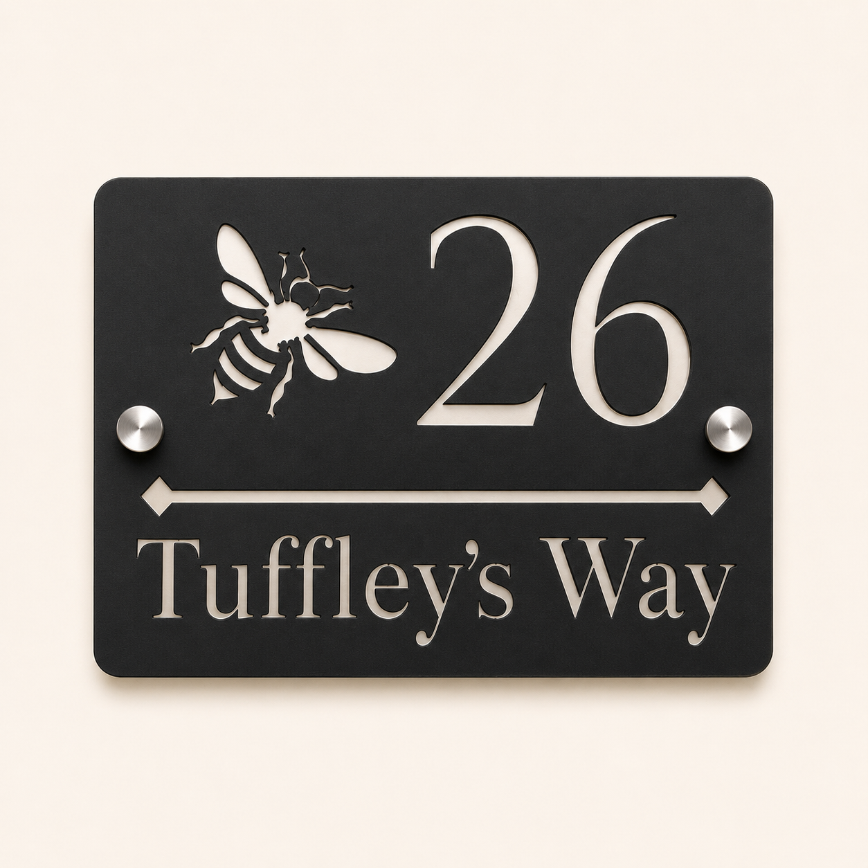 Personalised black rectangular acrylic house sign with mirror silver bee design, house number and street name