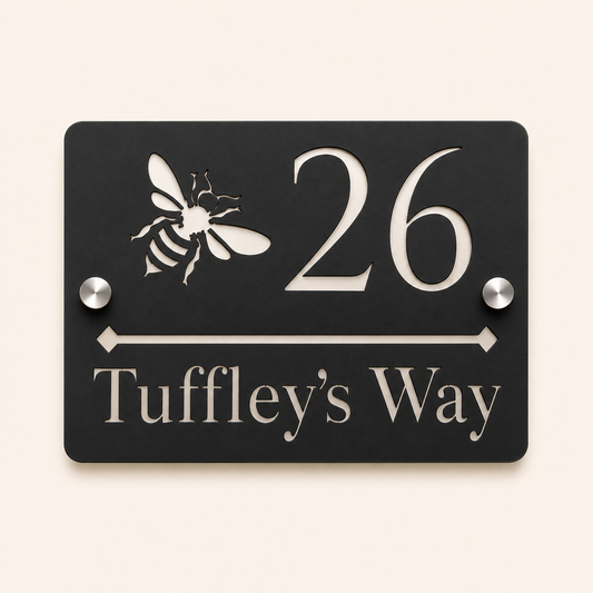 Personalised black rectangular acrylic house sign with mirror silver bee design, house number and street name