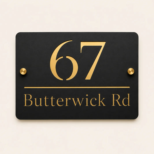 Personalised black rectangular acrylic house sign with mirror gold house number and street name