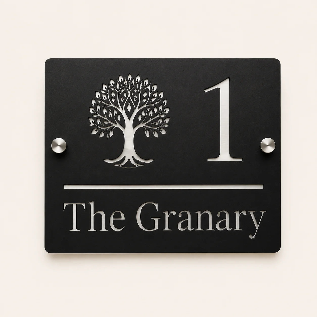 Personalised black rectangular acrylic house sign with mirror silver tree design, house number and house name