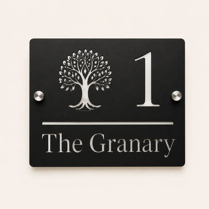 Personalised black rectangular acrylic house sign with mirror silver tree design, house number and house name