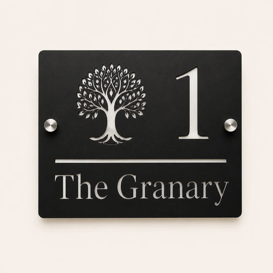 Personalised black rectangular acrylic house sign with mirror silver tree design, house number and house name