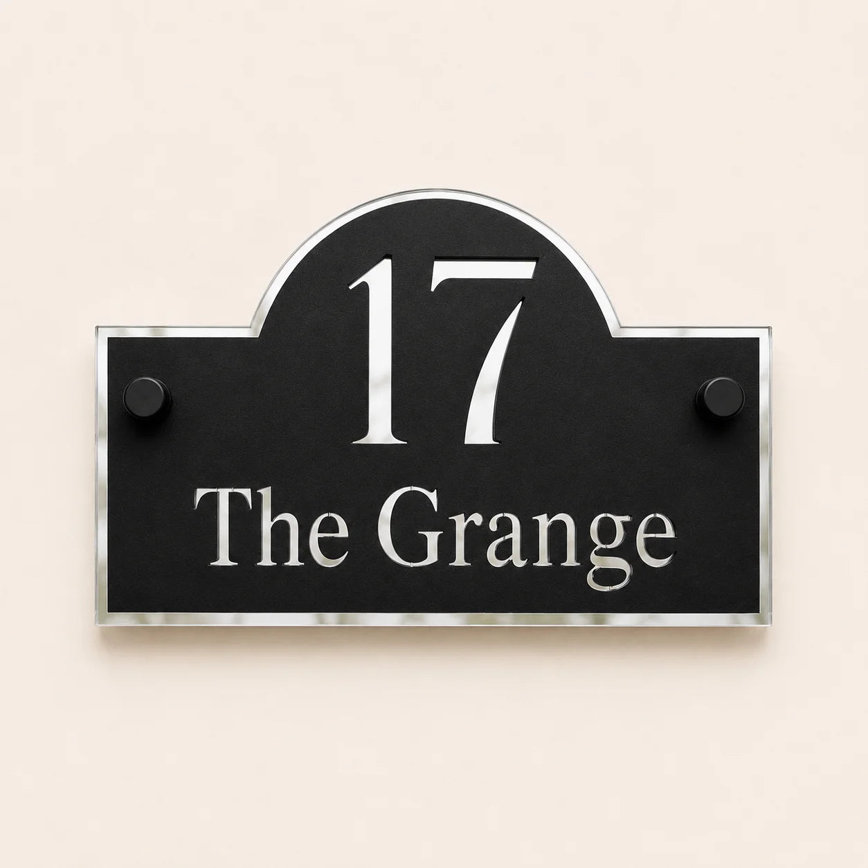 Personalised black & silver arch acrylic house sign with mirror silver house number and house name