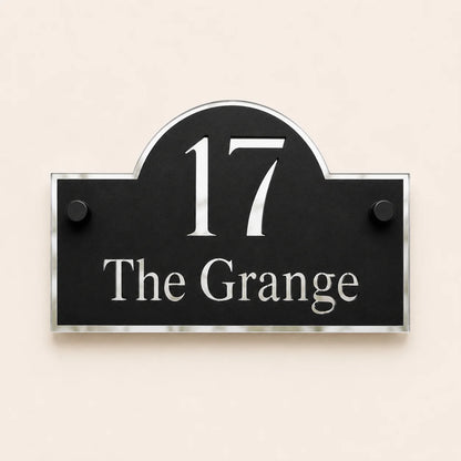 Personalised black & silver arch acrylic house sign with mirror silver house number and house name