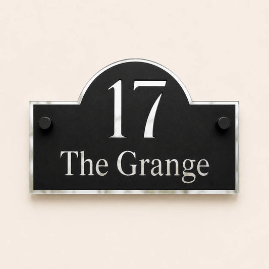 Personalised black & silver arch acrylic house sign with mirror silver house number and house name