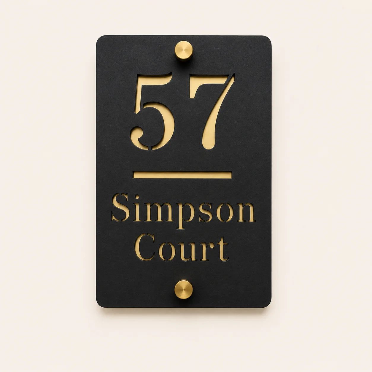 Personalised black vertical acrylic house sign with mirror gold house number and street name