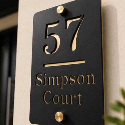 Close-up of personalised black vertical acrylic house sign with mirror gold detailing mounted beside a front door